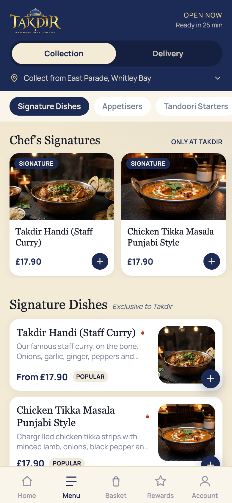 Takdir app menu and ordering