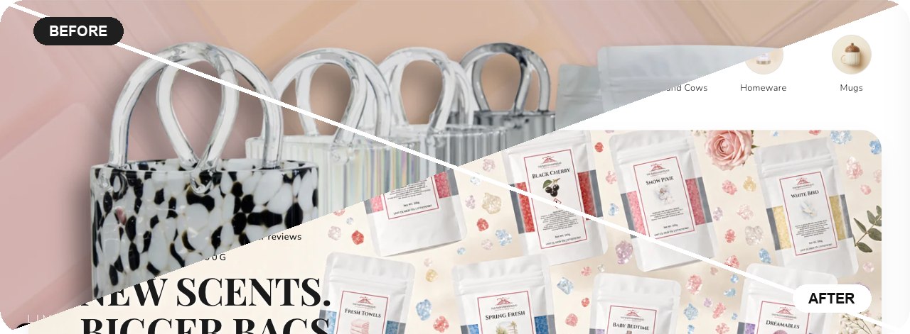The Northumberland Candle Company homepage, before and after the redesign